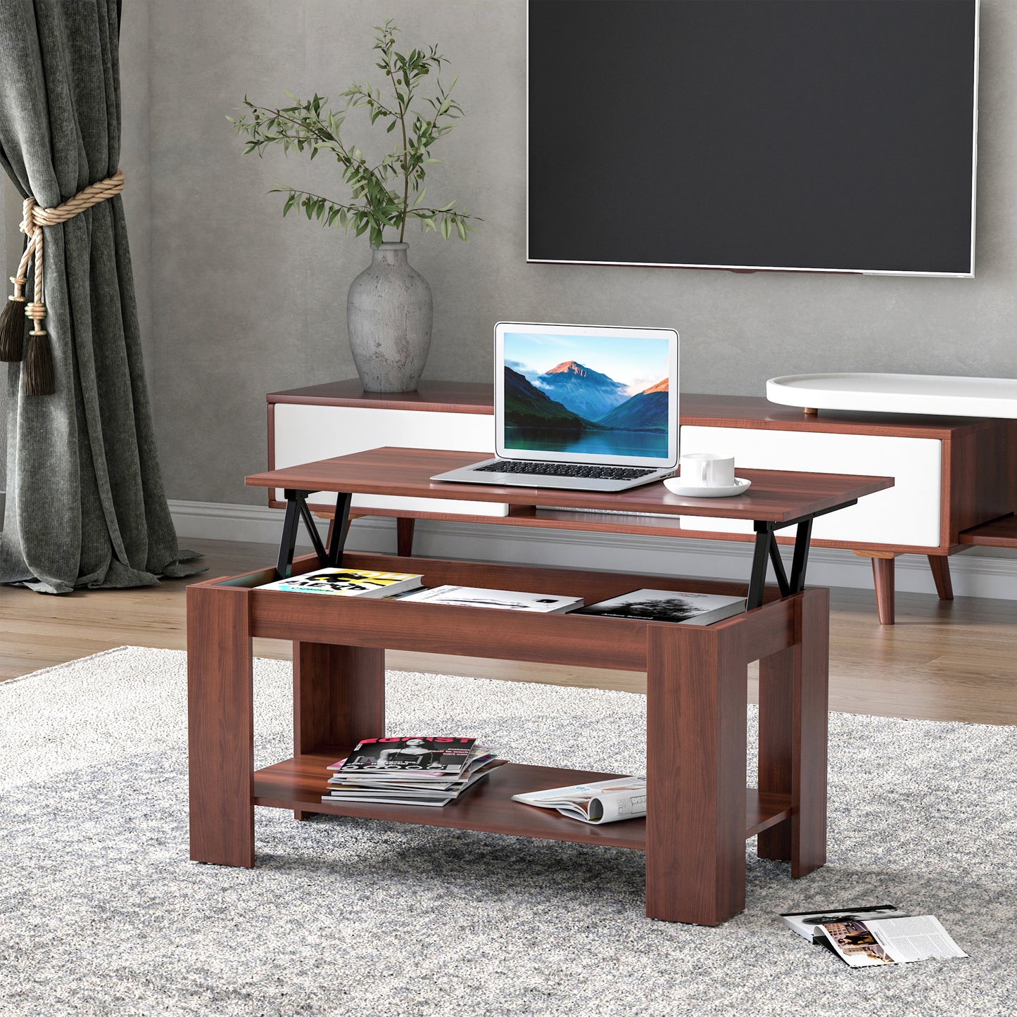 100cm Modern Lift Up Top Coffee Table Desk Hidden Storage Bottom Shelf