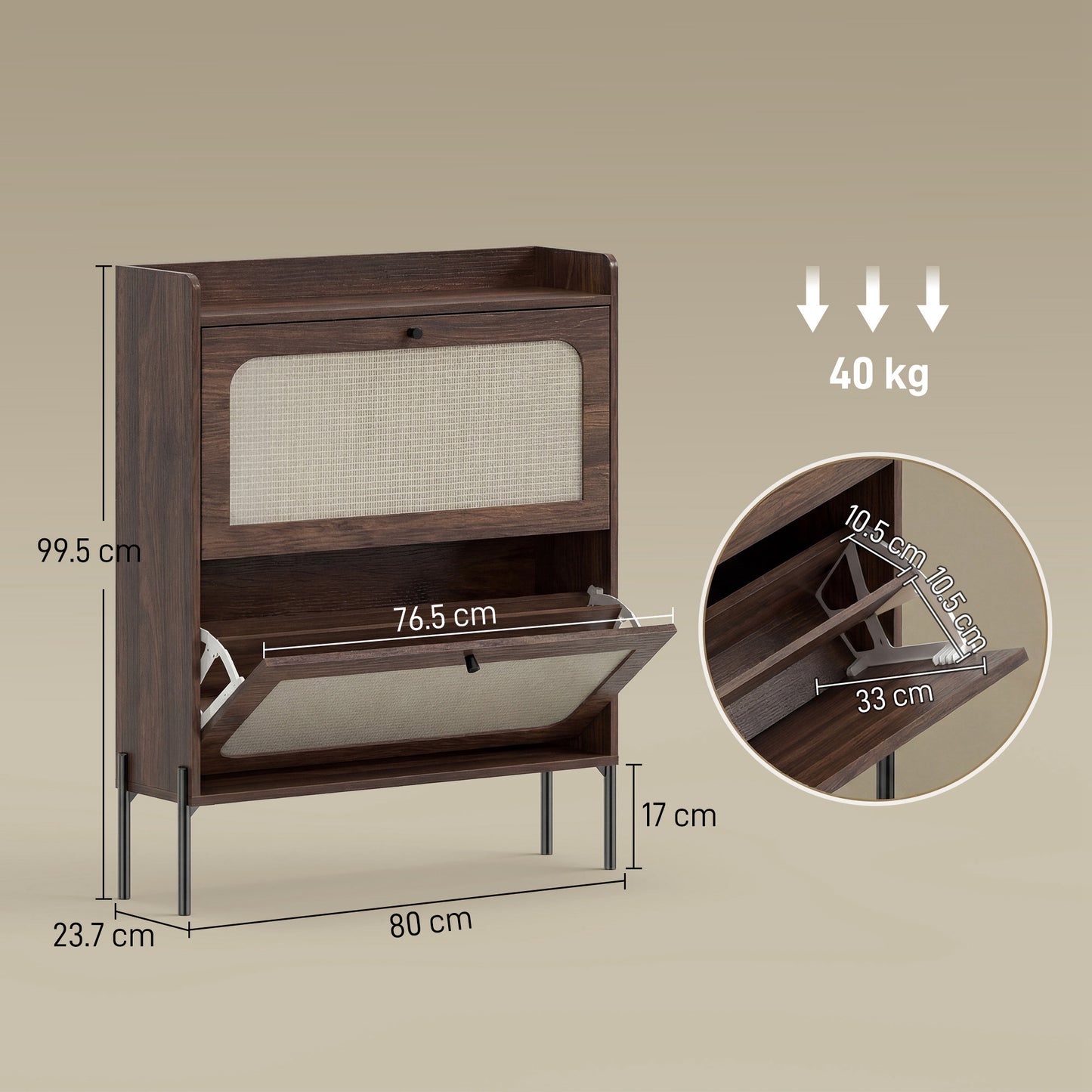 Boho Narrow Shoe Cabinet, Shoe Rack with 2 Flip Drawers, Dark Brown