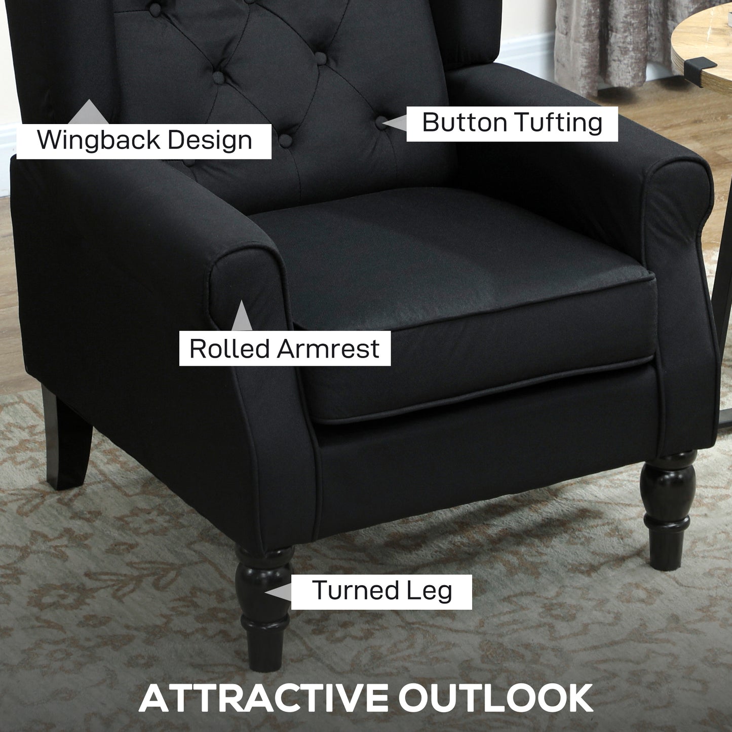 Accent Chair Wingback Armchair Retro Tufted Club Wood Fabric, Black