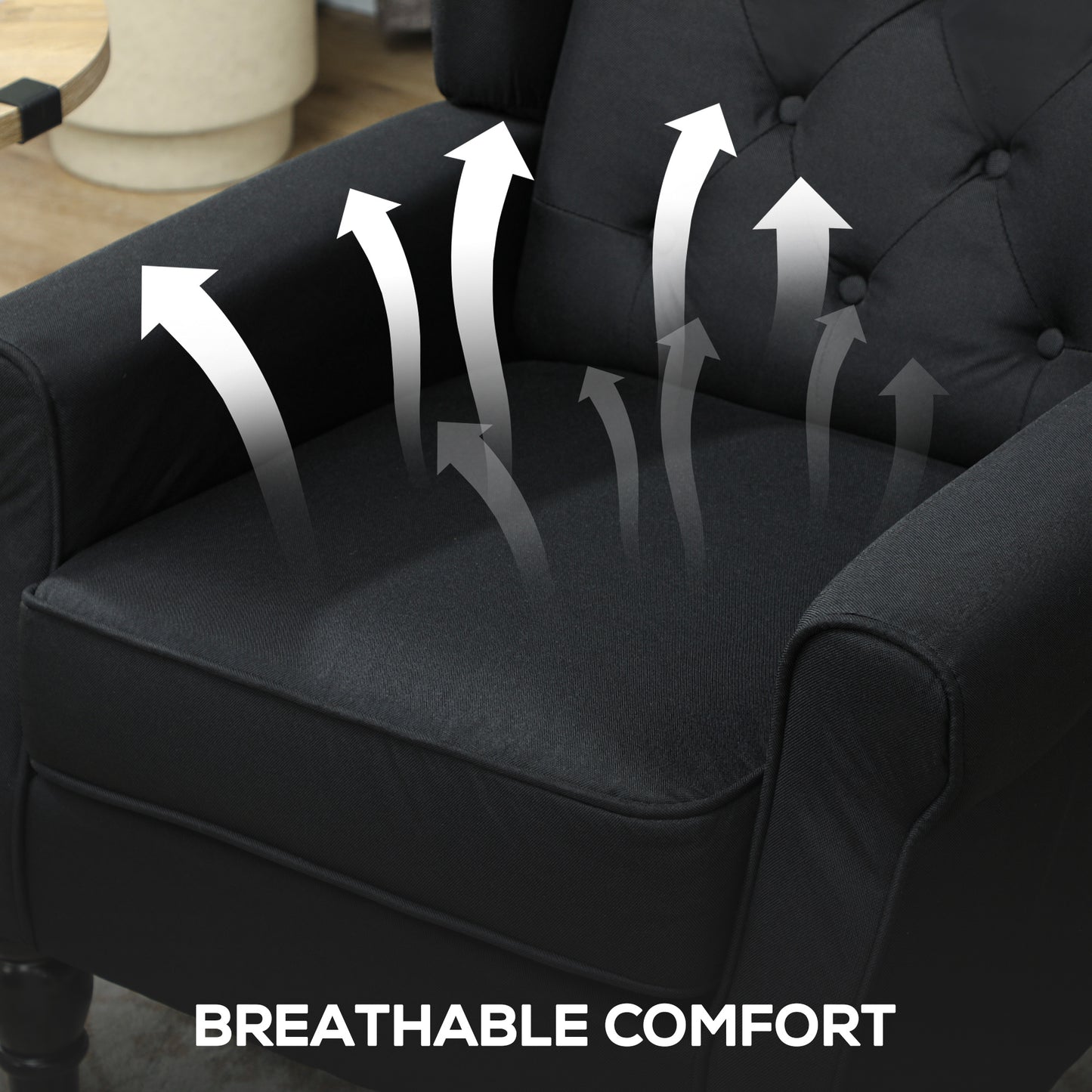 Accent Chair Wingback Armchair Retro Tufted Club Wood Fabric, Black