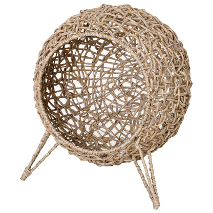 Rattan Elevated Cat House Kitten Bed Pet Furniture w/ Cushion Natural