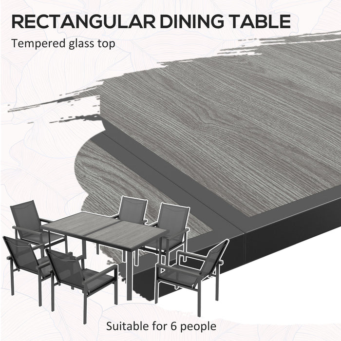 7 Pieces Garden Dining Set w/ Glass Top Dining Table, Outdoor Table and 6 Armchairs w/ Breathable Mesh Fabric Seats and Backrest