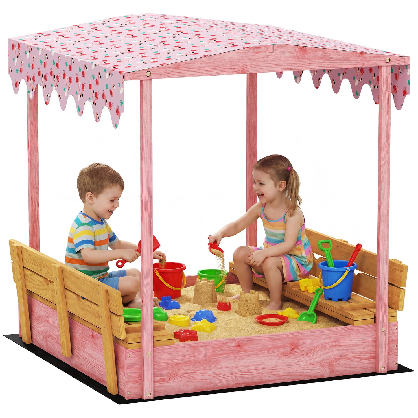 Wooden Sandbox with Lid, Canopy, Seat, Bottom Liner, Pink