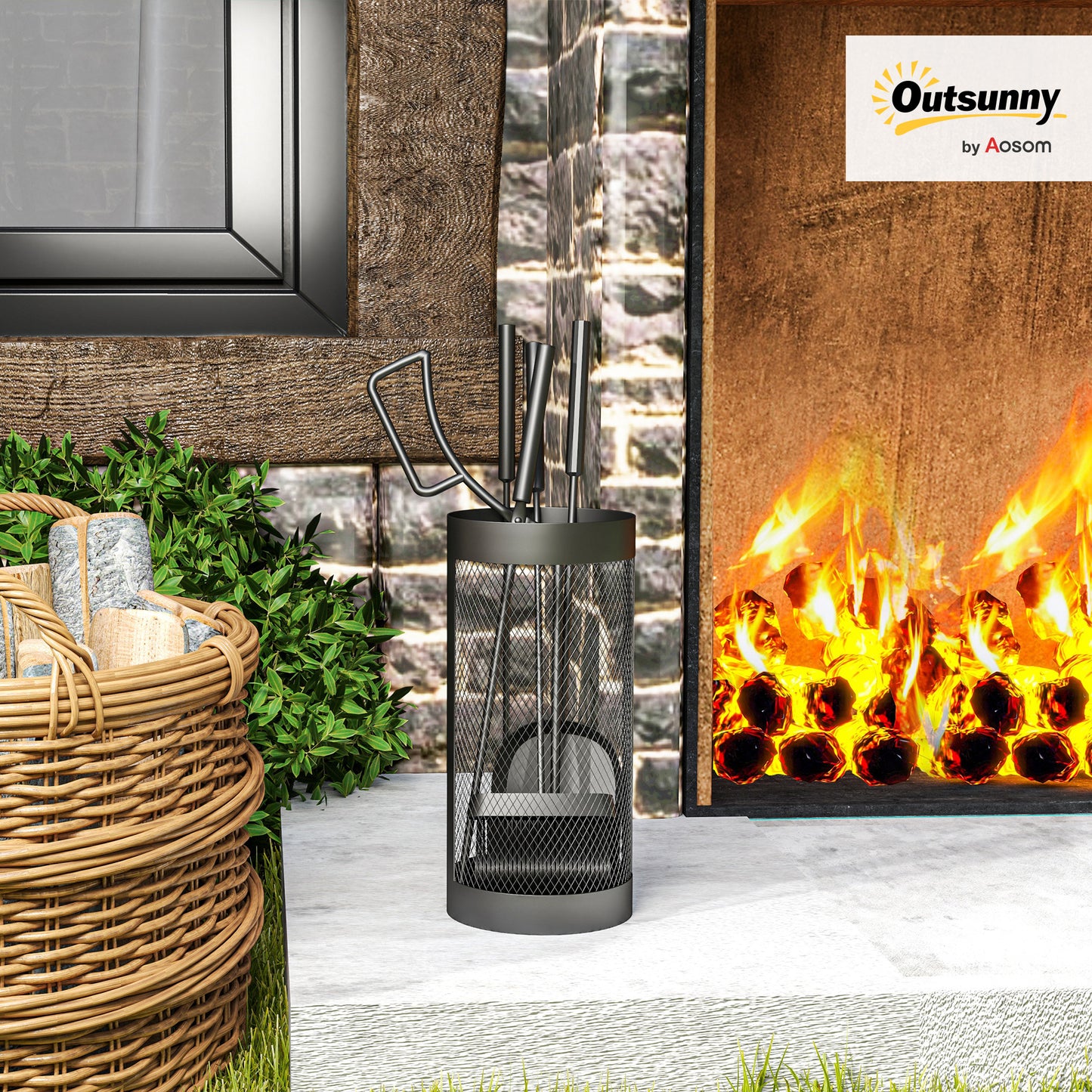 5-Piece Fireplace Companion Set, Metal Fireplace Tools Set with Brush, Shovel, Poker, Tongs and Bucket, Fireside Companion for Indoor or Outdoor Fireplaces, Chimineas, Fire Pits