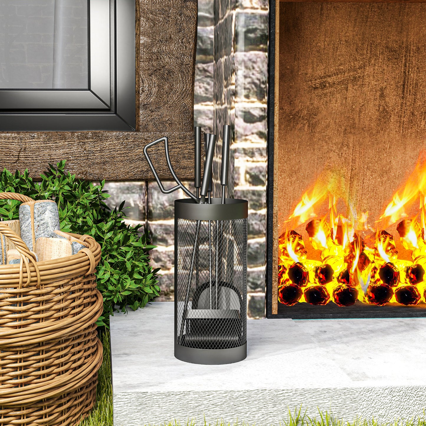 5-Piece Fireplace Companion Set, Metal Fireplace Tools Set with Brush, Shovel, Poker, Tongs and Bucket, Fireside Companion for Indoor or Outdoor Fireplaces, Chimineas, Fire Pits