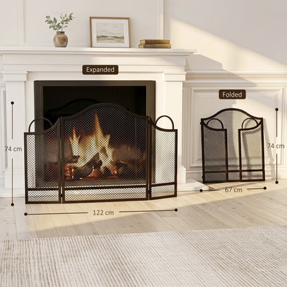 Floral 3-Panel Folding Fireplace Screen for Protection, Black