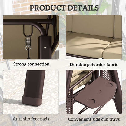 3 Seater Garden Swing Chair Patio Swing Bench w/ Cup Trays Brown