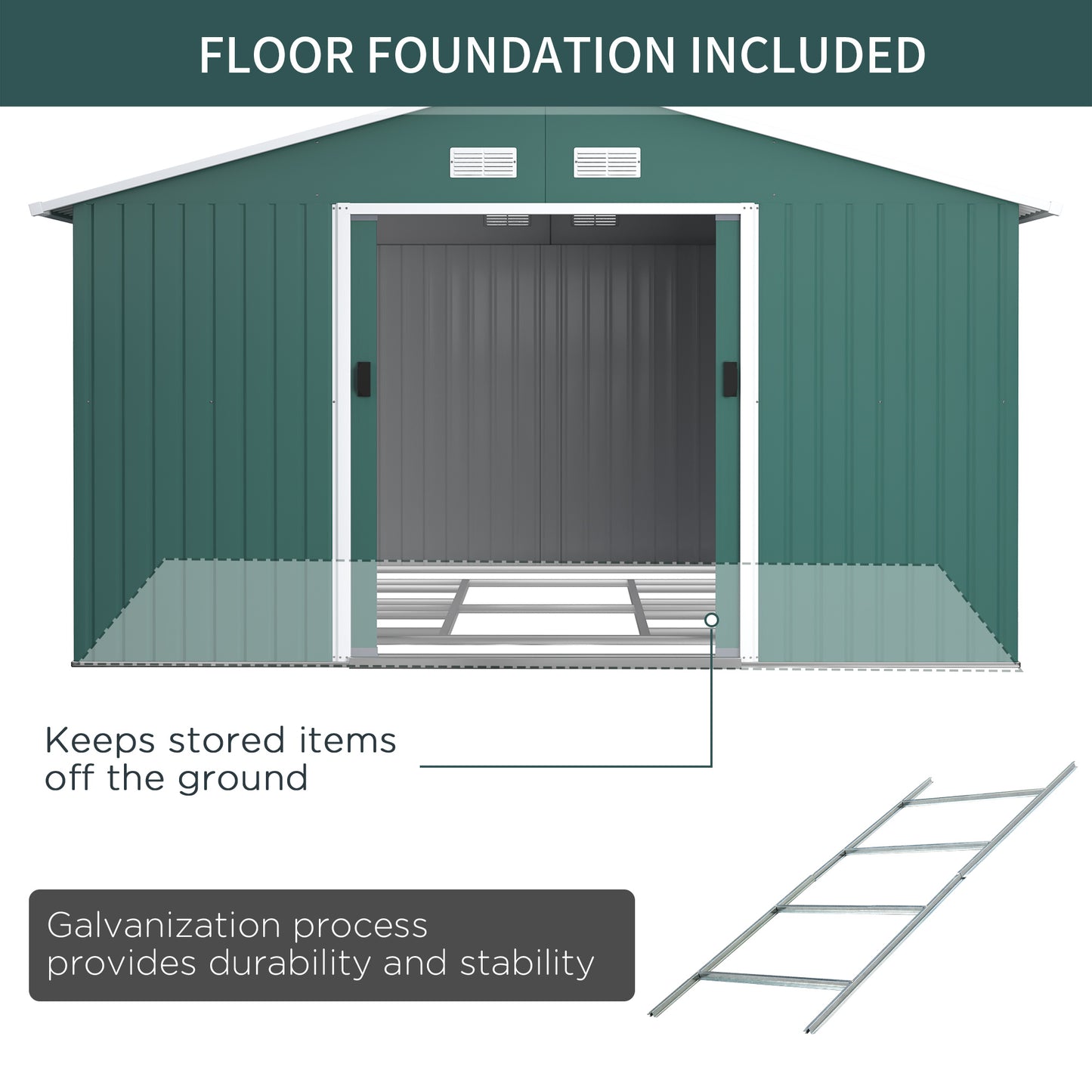 Outsunny 13 x 11ft Garden Metal Storage Shed Outdoor Storage Shed with Foundation Ventilation & Doors, Green