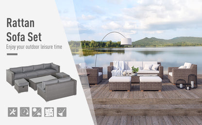 6 Pieces Outdoor PE Rattan Wicker Corner Sofa Set with 10cm Thick Padded Cushions, Aluminium Conservatory Furniture with Glass Top Coffee Table, Footstools, Grey