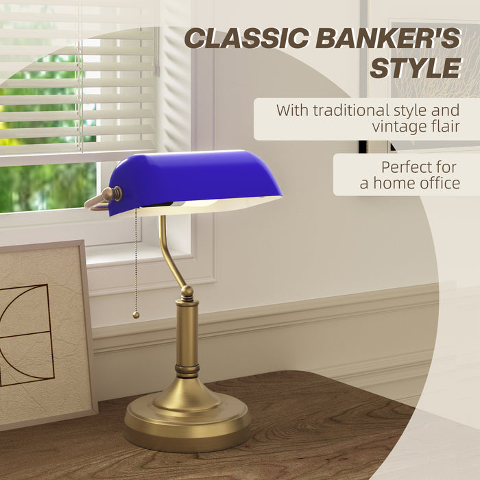 Banker's Table Lamp w/ Antique Bronze Tone Base, Blue