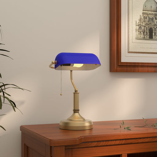 Banker's Table Lamp w/ Antique Bronze Tone Base, Blue