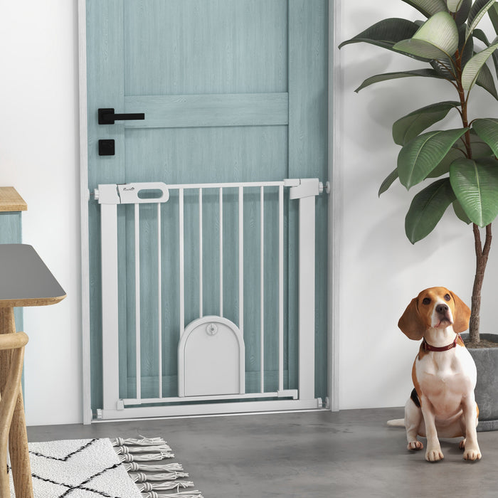 75-82cm Pet Safety Gate with Double Locking, Pressure Fit Stair with Cat Flat for Doorways, Hallways, White