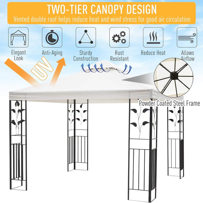 3 x 3m Outdoor Steel Gazebo with 2 Tier Roof, Garden Gazebo Patio Canopy Marquee Shelter with Decorative Steel Frame - Cream