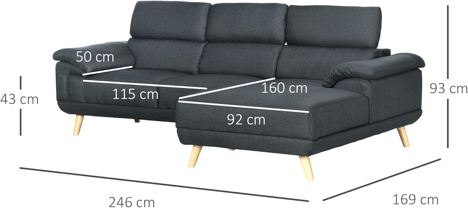 3 Seater Corner Sofas for Living Room with Adjustable Headrest, Fabric L Shaped Sofa Settee, Couch, Dark Grey