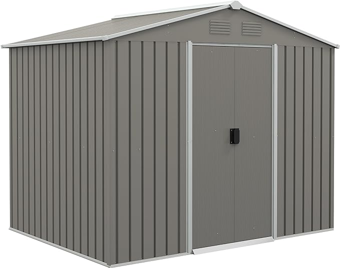 8 x 6ft Outdoor Garden Storage Shed Metal Tool House with Ventilation and Sliding Doors Light Grey