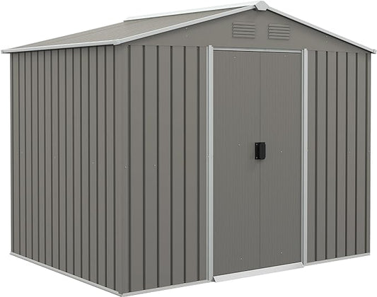 8 x 6ft Outdoor Garden Storage Shed Metal Tool House with Ventilation and Sliding Doors Light Grey