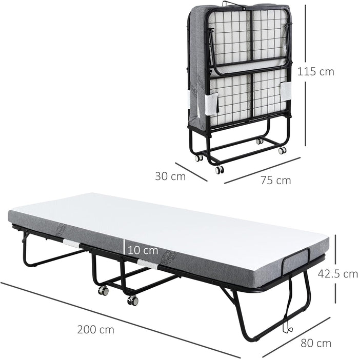 Folding Bed with 10cm Mattress, Portable Foldable Guest Bed with Sturdy Metal Frame on Wheels