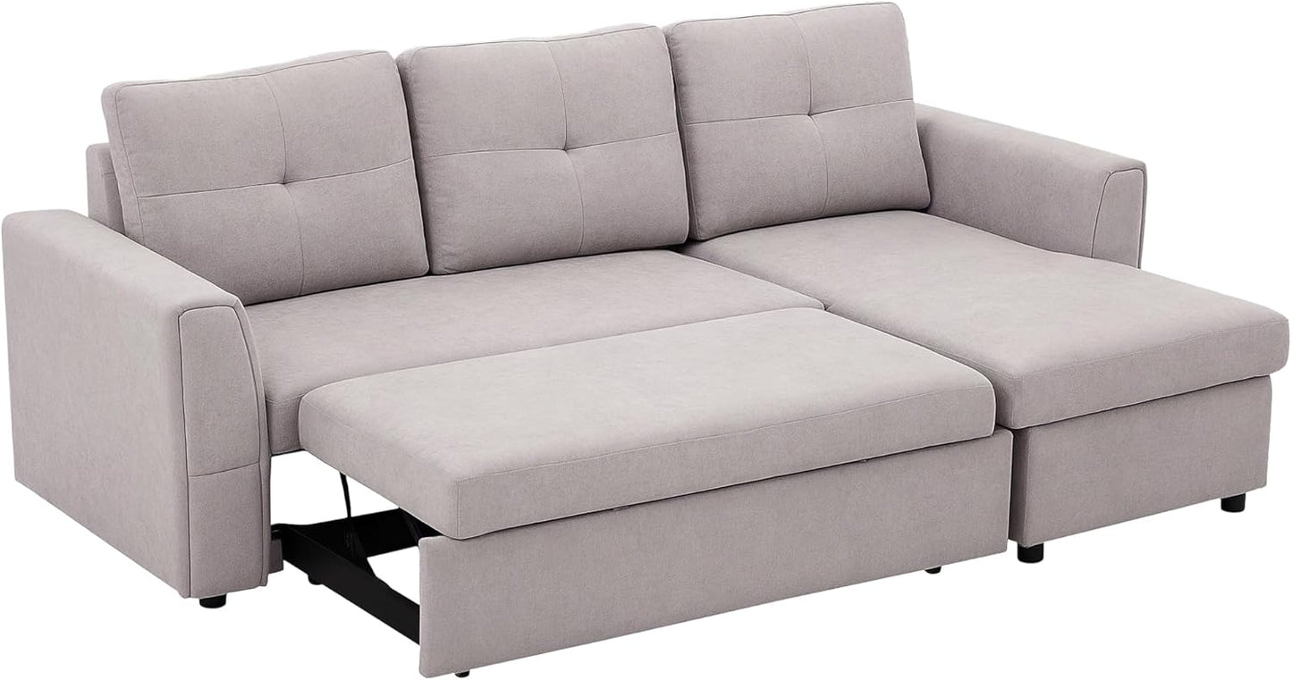 3 Seater Linen Look L-Shaped Corner Sofa, Pull Out Sofa with Storage Compartment In Grey - Hurry Limited Stock!
