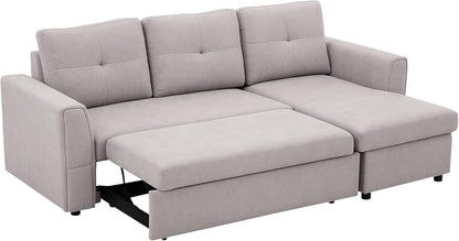 3 Seater Linen Look L-Shaped Corner Sofa, Pull Out Sofa with Storage Compartment In Grey - Hurry Limited Stock!