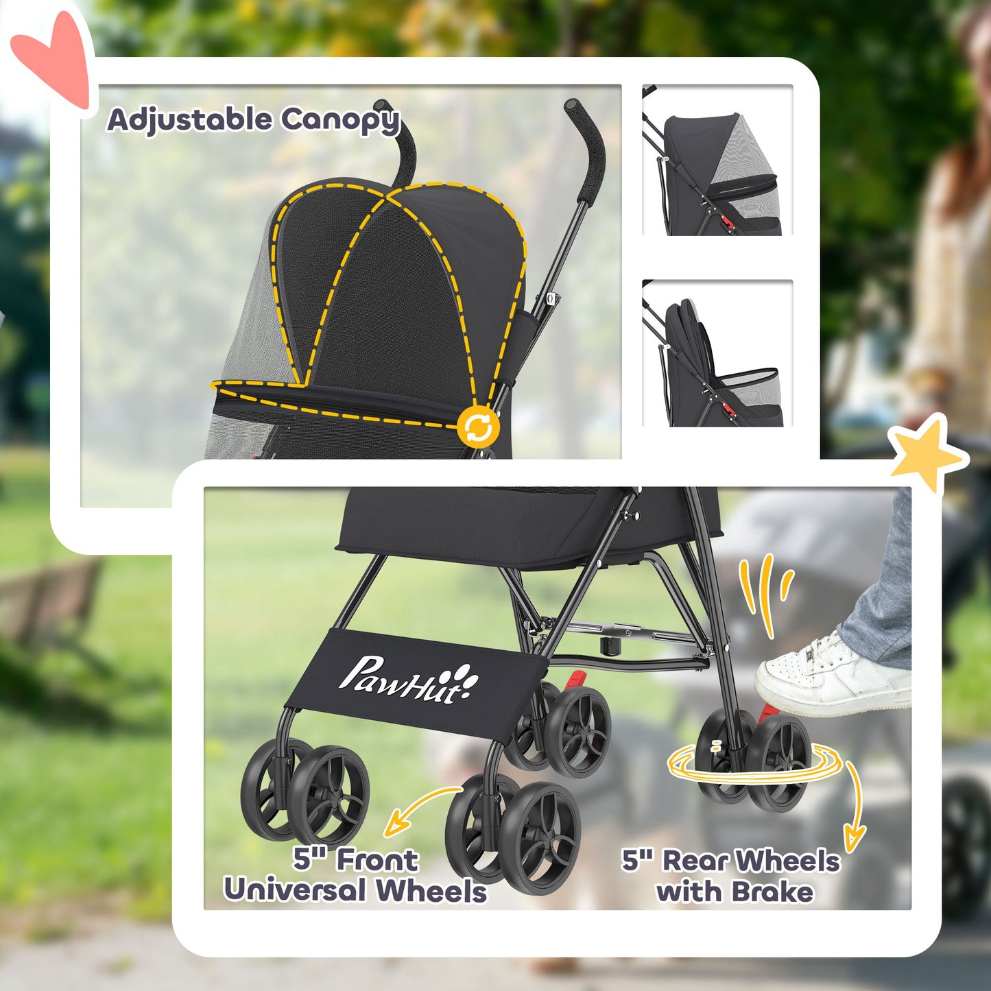 Foldable Dog Stroller with Mesh Windows for Mini Dogs, Black