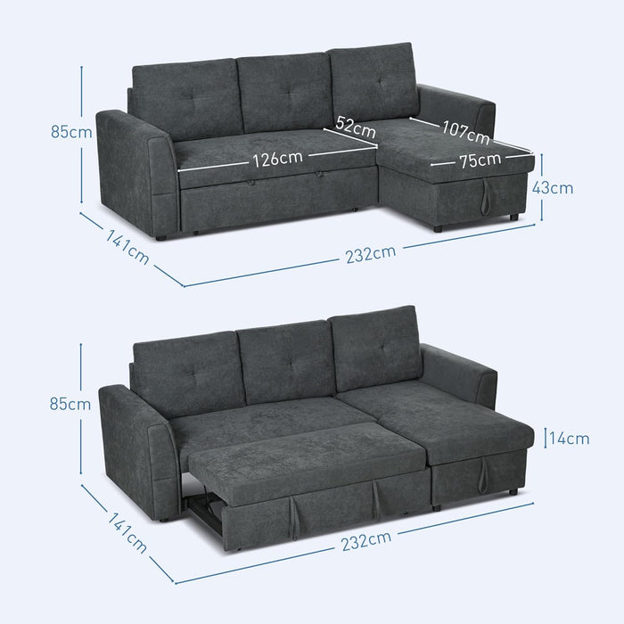 3 Seater Sofa Bed, L-Shaped Corner Sofa, Pull Out Sofa with Storage, Convertible Click Clack Settee Sectional Sleeper Futon for Living Room, Office, Dark Grey