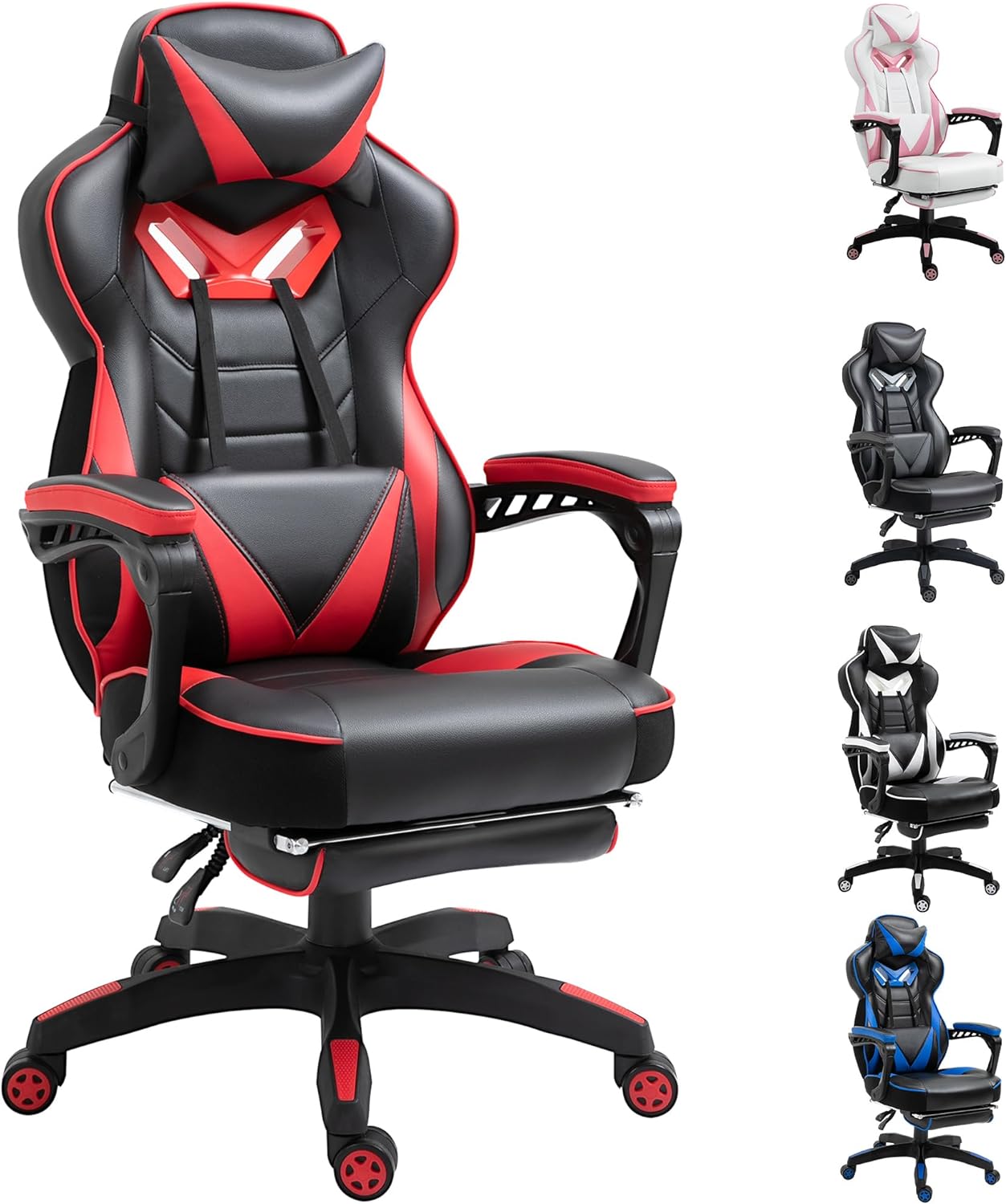 Computer Gaming Chair, Racing Desk Chair with Lumbar Support and Footrest, PU Leather Gamer Chair with Headrest and Swivel Wheels for Home, Red