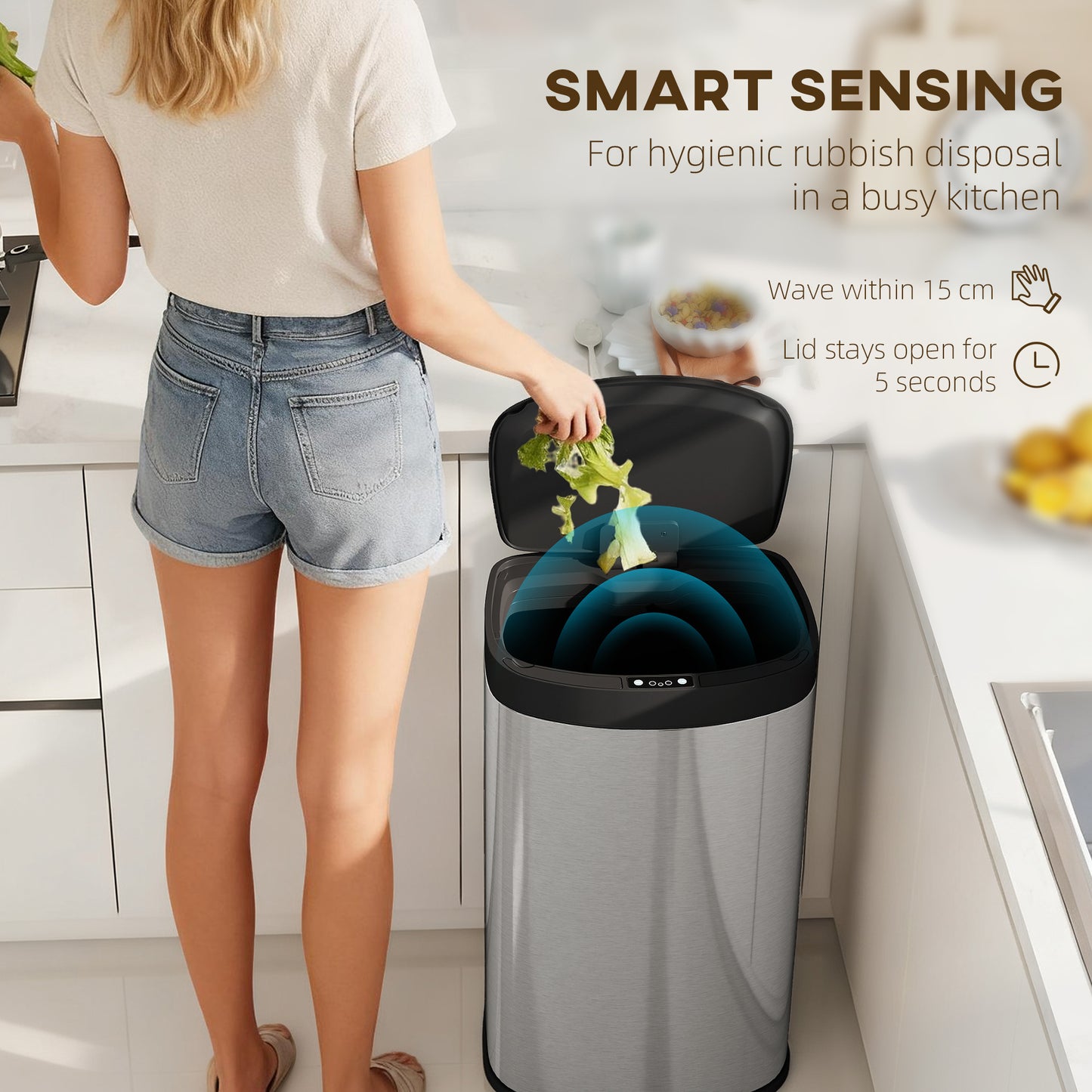 Automatic Kitchen Bin with Soft-Close Lid, 55L Sensor Wastebasket