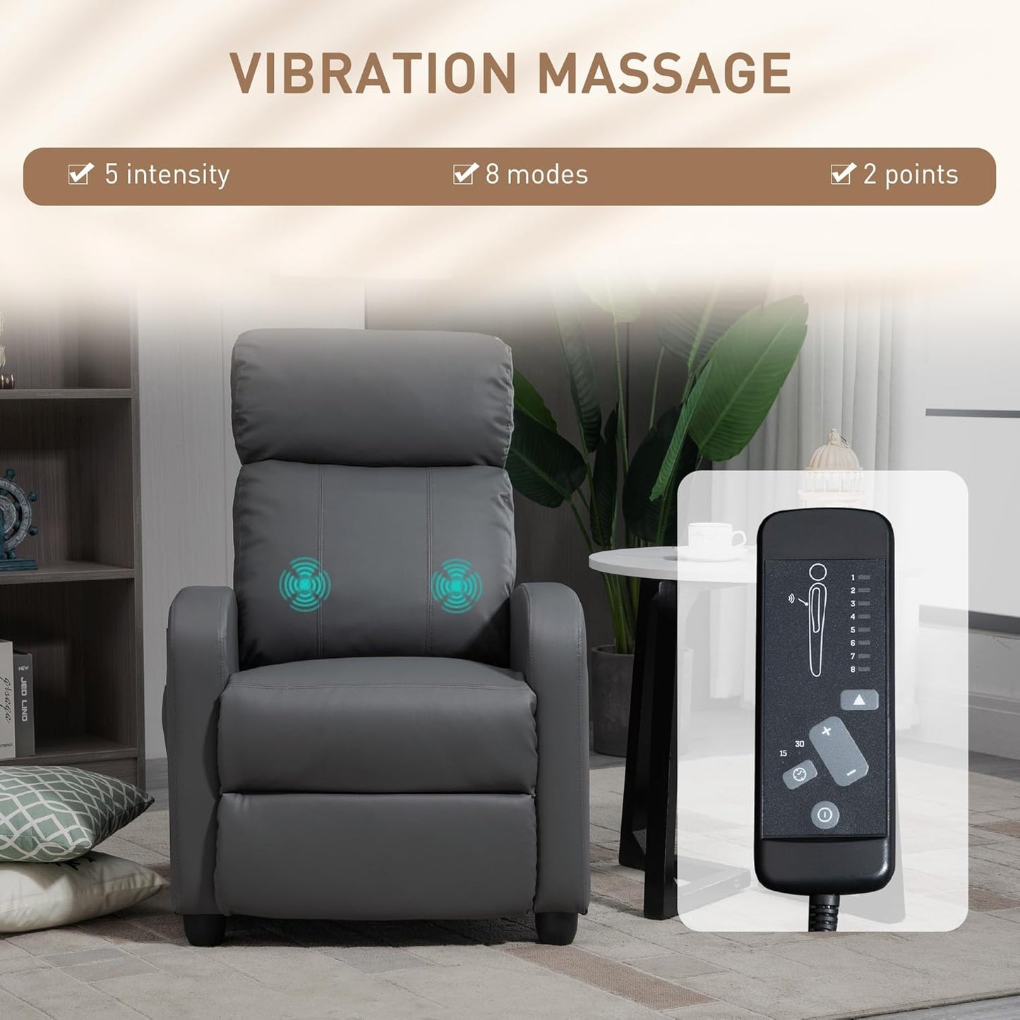 Recliner Armchair, Massage Faux Leather Push Back Reclining Chair - Grey