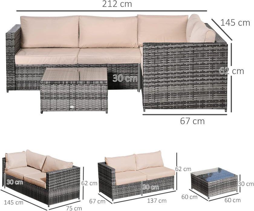 3Pcs Rattan Garden Furniture 4 Seater Outdoor Patio Corner Sofa Chair Set with Coffee Table Thick Cushions, Beige