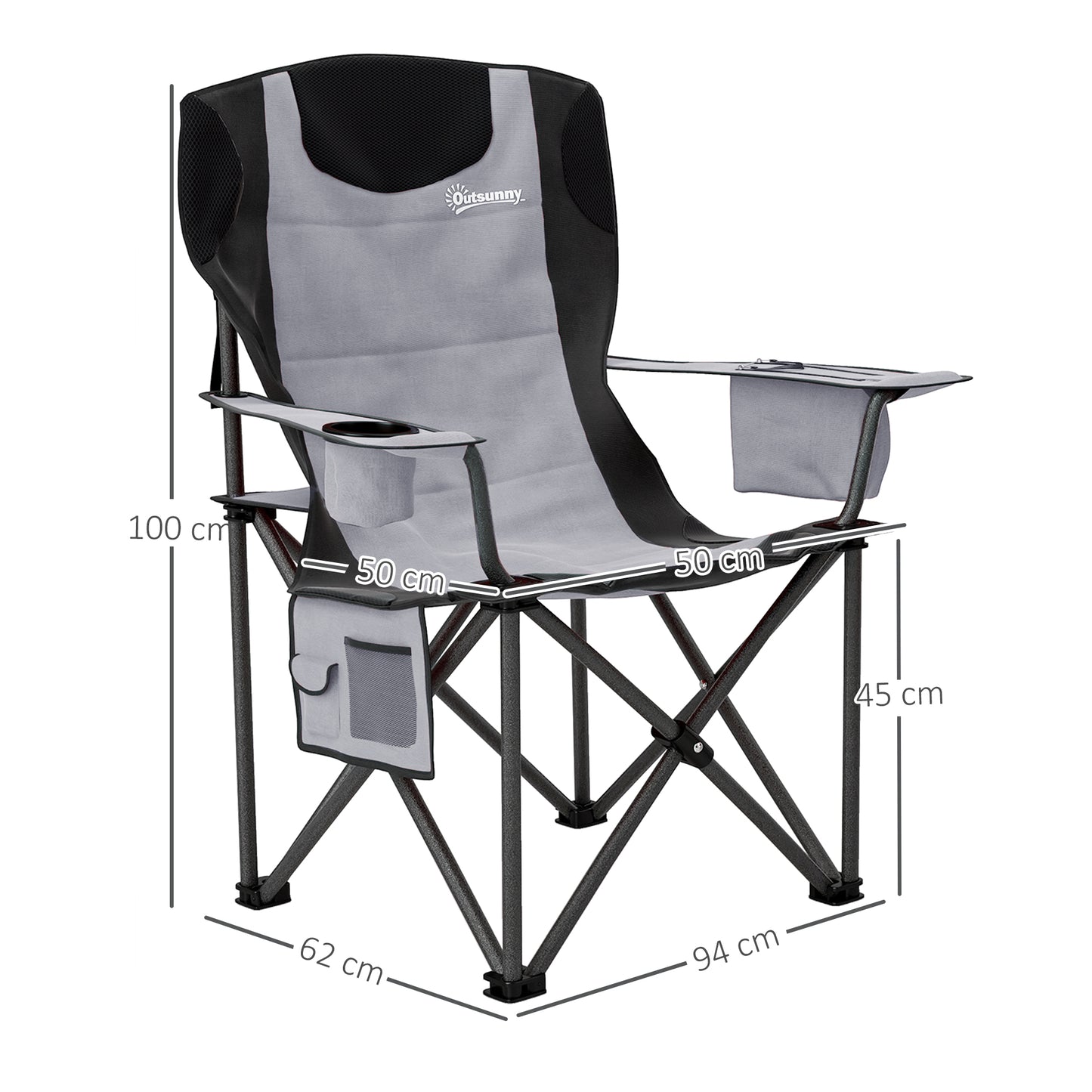 Set of 2 Padded Folding Picnic Chairs with Cooler Bag, Grey