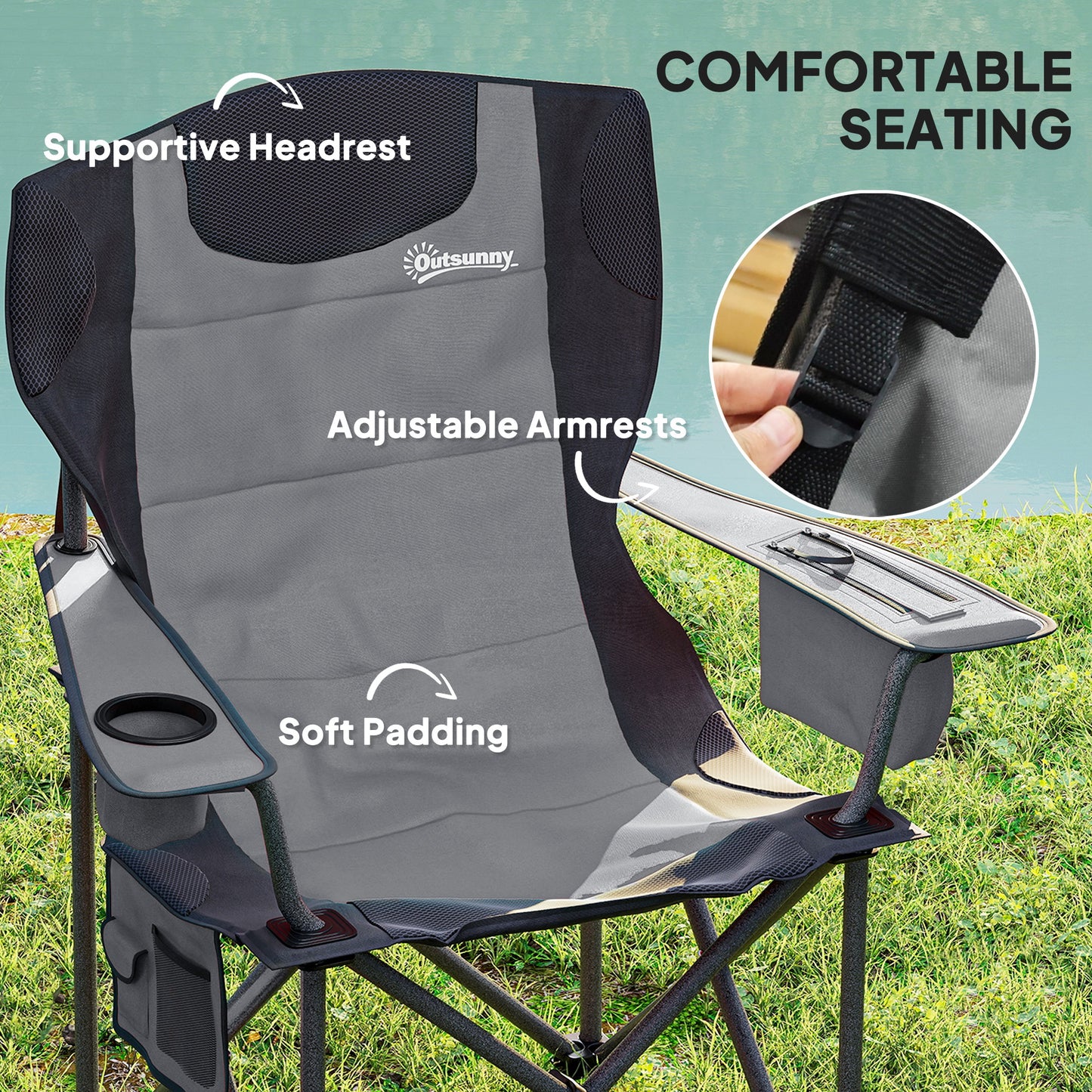 Set of 2 Padded Folding Picnic Chairs with Cooler Bag, Grey