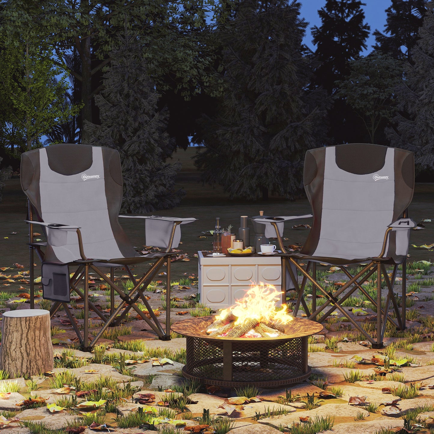 Set of 2 Padded Folding Picnic Chairs with Cooler Bag, Grey