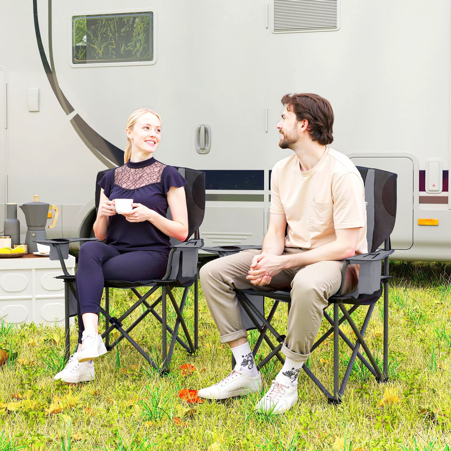 Set of 2 Padded Folding Picnic Chairs with Cooler Bag, Grey