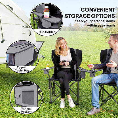 Set of 2 Padded Folding Picnic Chairs with Cooler Bag, Grey