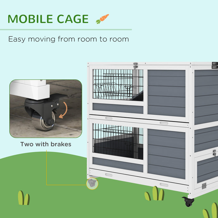 Double Deckers Guinea Pig Cage Rabbit Hutch Indoor with Feeding Trough, Trays, Ramps, Openable Top - Grey