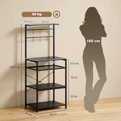 Freestanding Shelving Unit with 6 Hooks and Wine Rack, Black