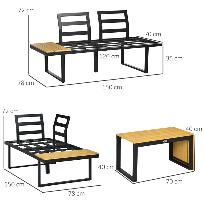 4-Seater Garden Sofa Set Patio Conversation Set w/ Padded Cushions, Wood Grain Plastic Top Table and Side Panel, Grey