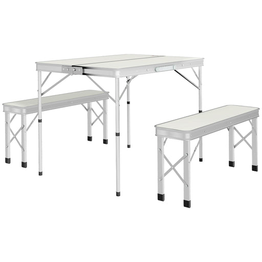 Foldable Camping Picnic Table and Chairs, Lightweight Aluminium Garden Table Set with 2 Benches for Camping, Garden, Party, BBQ, Silver