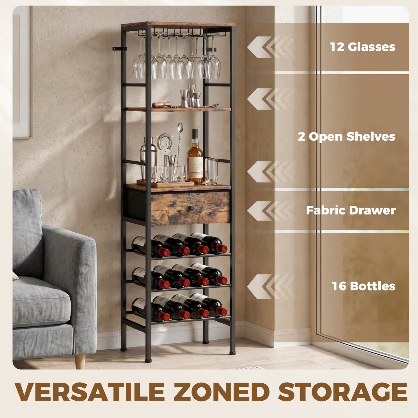 Wine Bar Cabinet 16-Bottle Wine Rack Rustic Brown