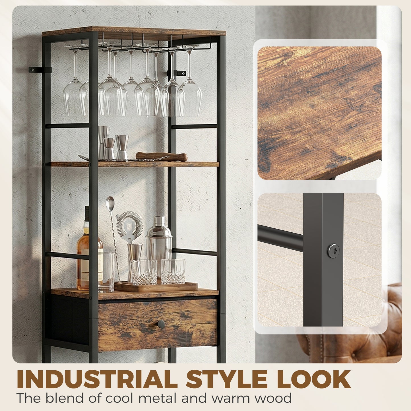 Wine Bar Cabinet 16-Bottle Wine Rack Rustic Brown