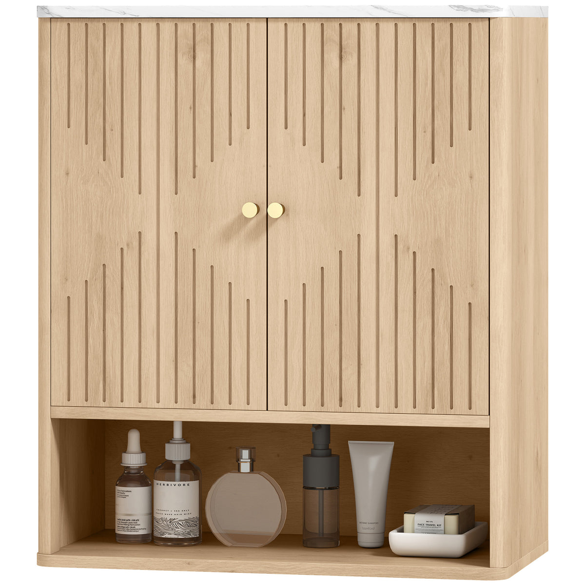 Bathroom Wall Cabinet with Adjustable Shelf and Open Shelf, Oak
