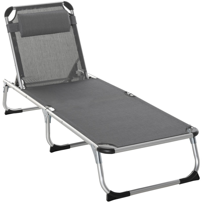 Foldable Garden Lounger Camping Bed Cot w/ Pillow 5-Level Adjustable Back Aluminium Frame, 76H x 170L x 60W Grey