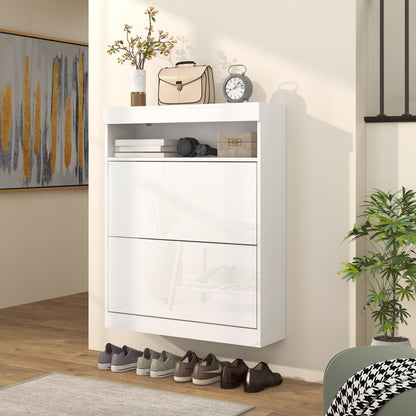 Wall Mounted or Freestanding Shoe Cabinet with 2 Flip Drawers, White