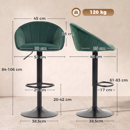 Bar Stools Set of 2 Velvet Adjustable Swivel Dark Green