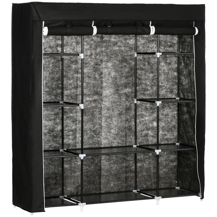 Fabric Wardrobe, Portable Wardrobe with 10 Shelves, 1 Hanging Rail, Foldable Closets, 150 x 43 x 162.5 cm, Black