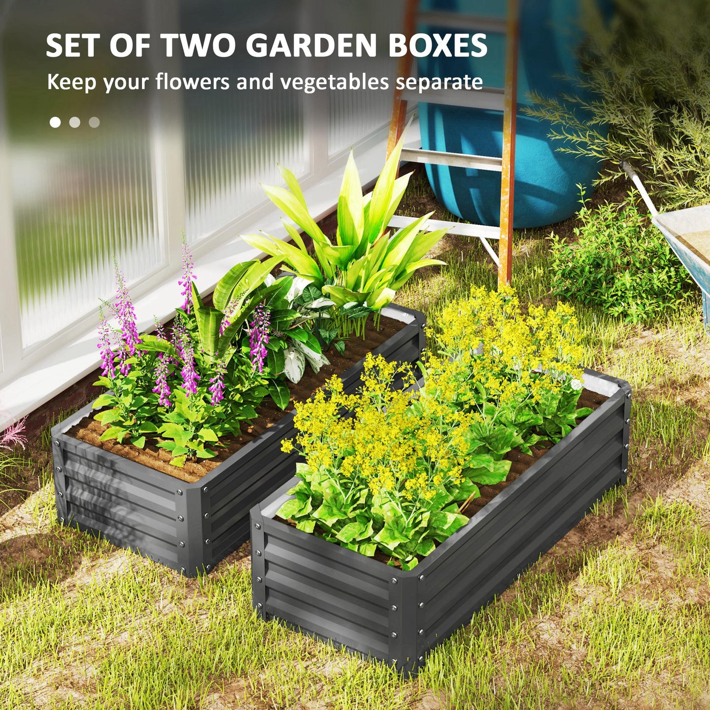 Set of 2 Raised Garden Bed, Outdoor Planter Box with Galvanised Steel Frame for Growing Vegetables, Flowers and Herbs, 110 x 50 x 30 cm, Light Grey