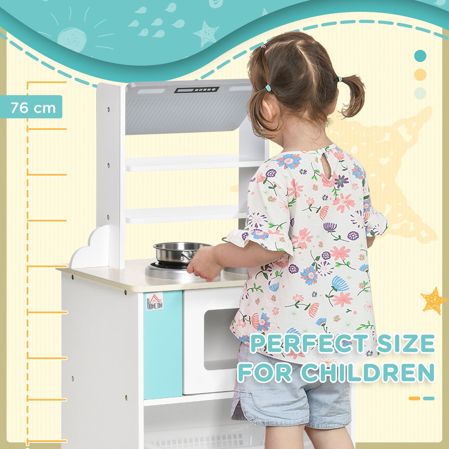 Kids Wooden Toy Kitchen Pretend Playset with Pots, Storage for 3-6 Years