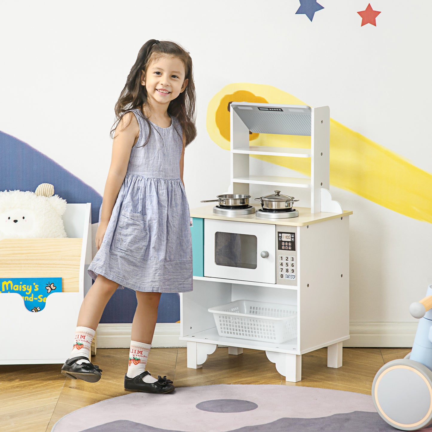 Kids Wooden Toy Kitchen Pretend Playset with Pots, Storage for 3-6 Years