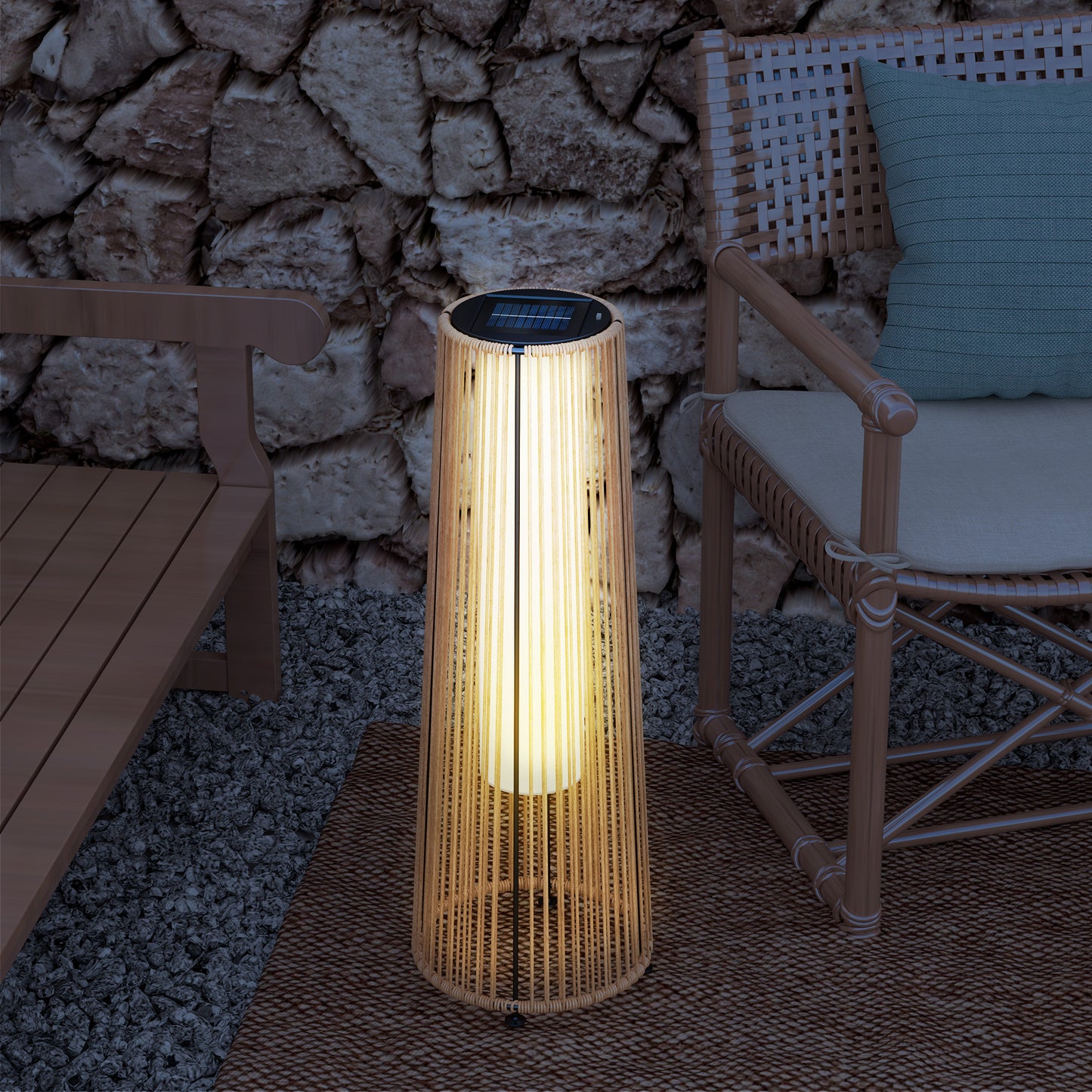 Garden Solar Powered Lights Woven Wicker Lantern Auto On/Off, Beige