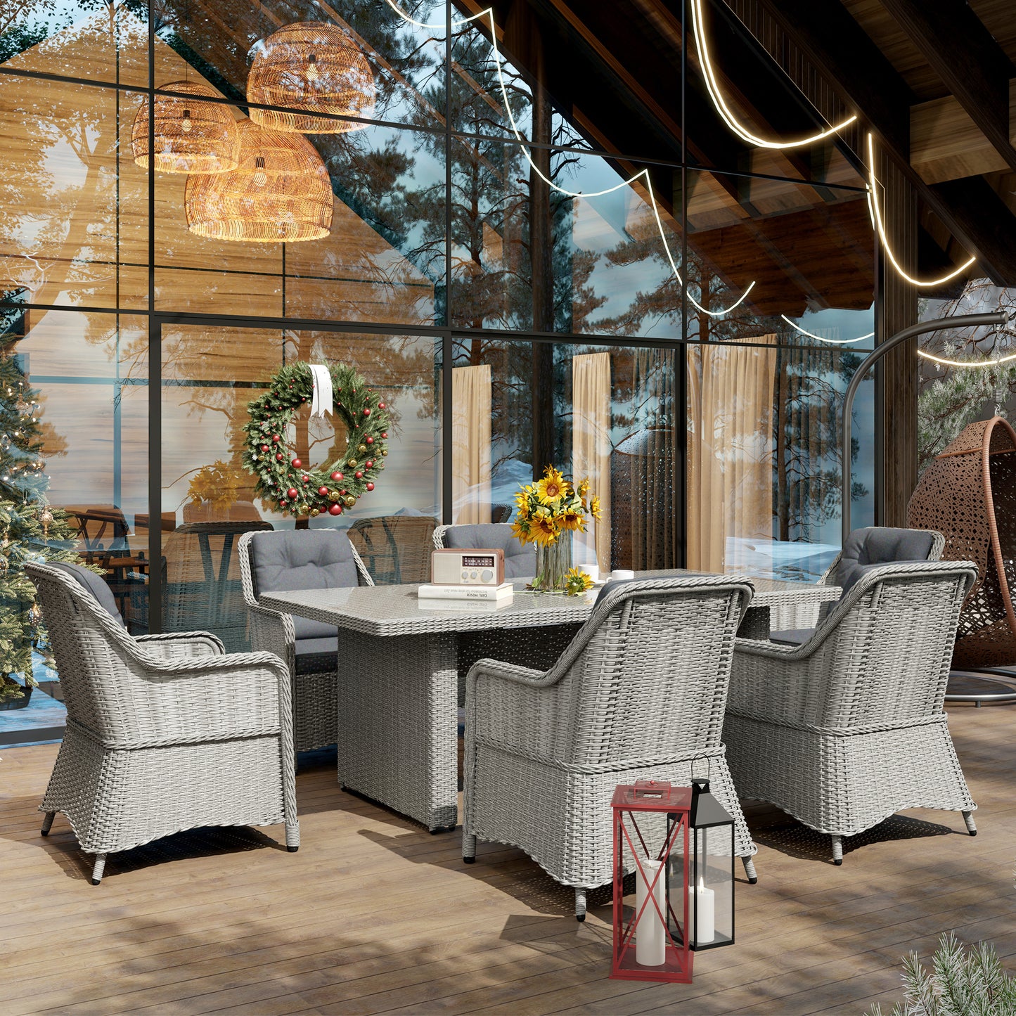 6 Seater Rattan Dining Set with Glass Top Table and Cushions, Grey